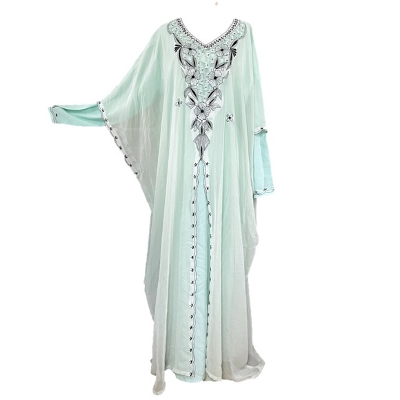MINT Green Long Sleeve Handmade Embroidered Caftan Maxi Dress with Beading OS - Picture 1 of 11